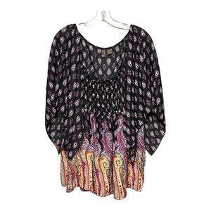 Serenade Smocked Kimono Blouse 3X Black Multi Printed Top Plus-Size Boho Chic